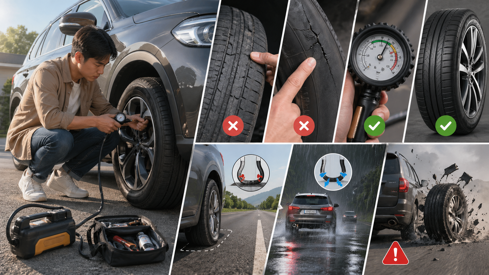 Nên kiểm tra lốp xe cẩn thận trước chuyến đi
